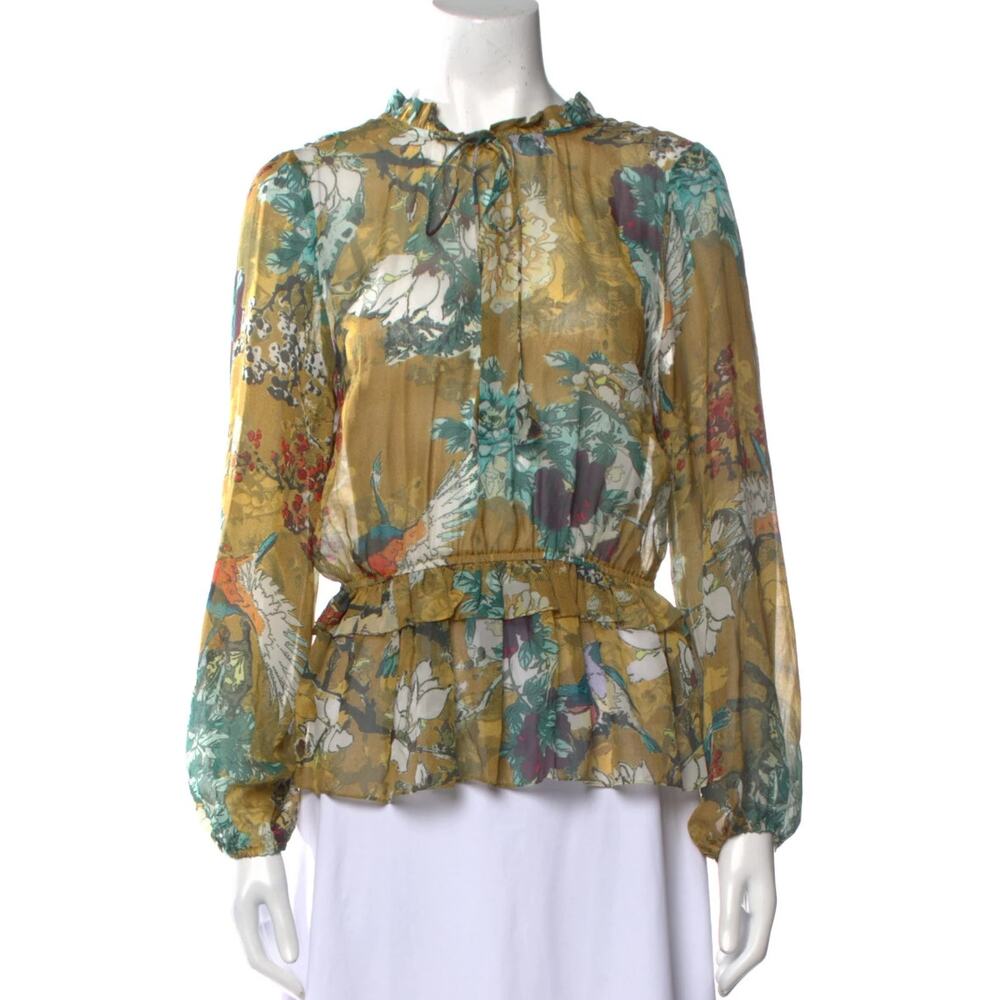 Hemant and Nandita Keystone Silk Blouse Size S Dark Yellow Green Floral Ruffle